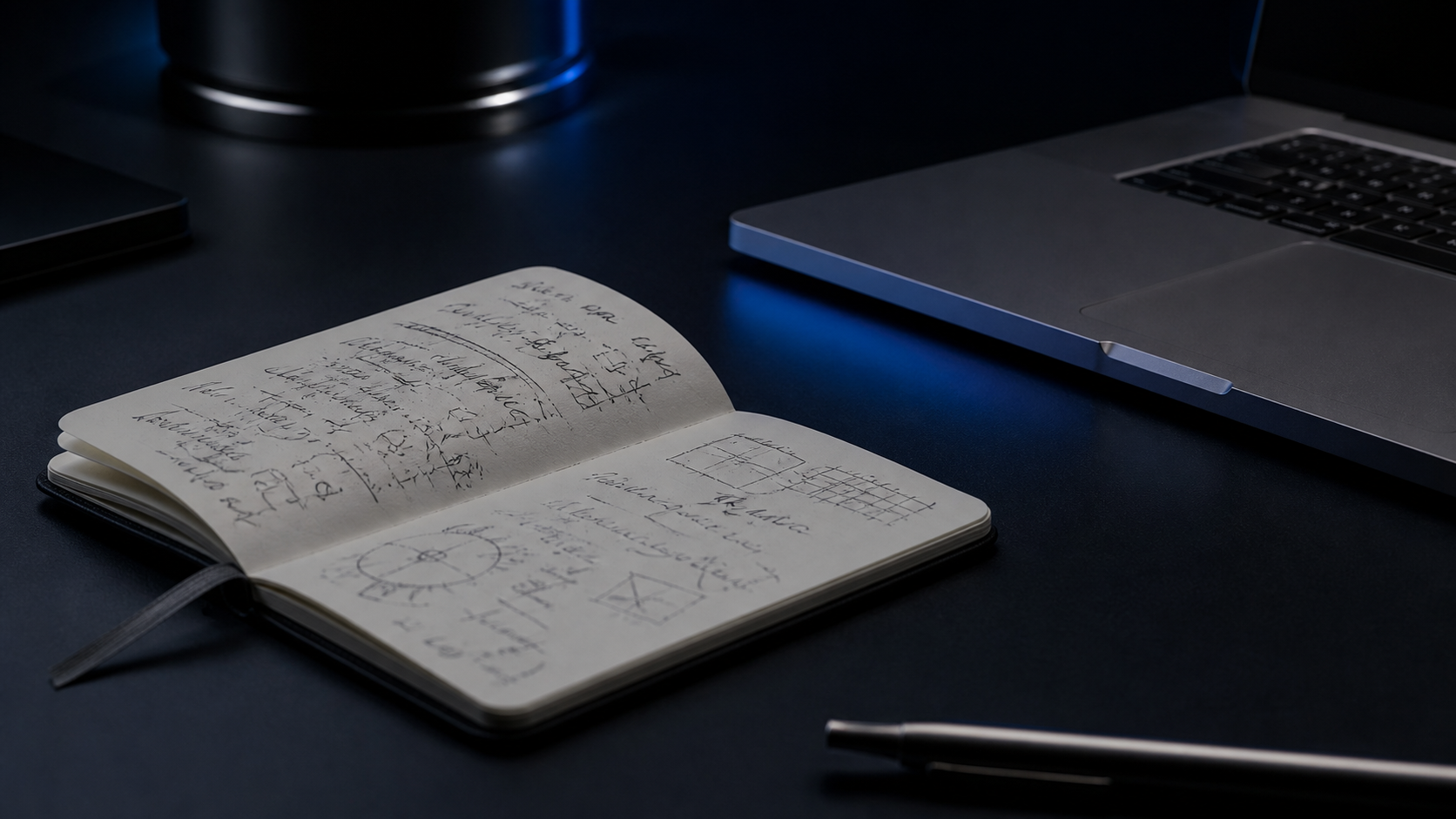 Notebook and laptop on a dark desk with blue light